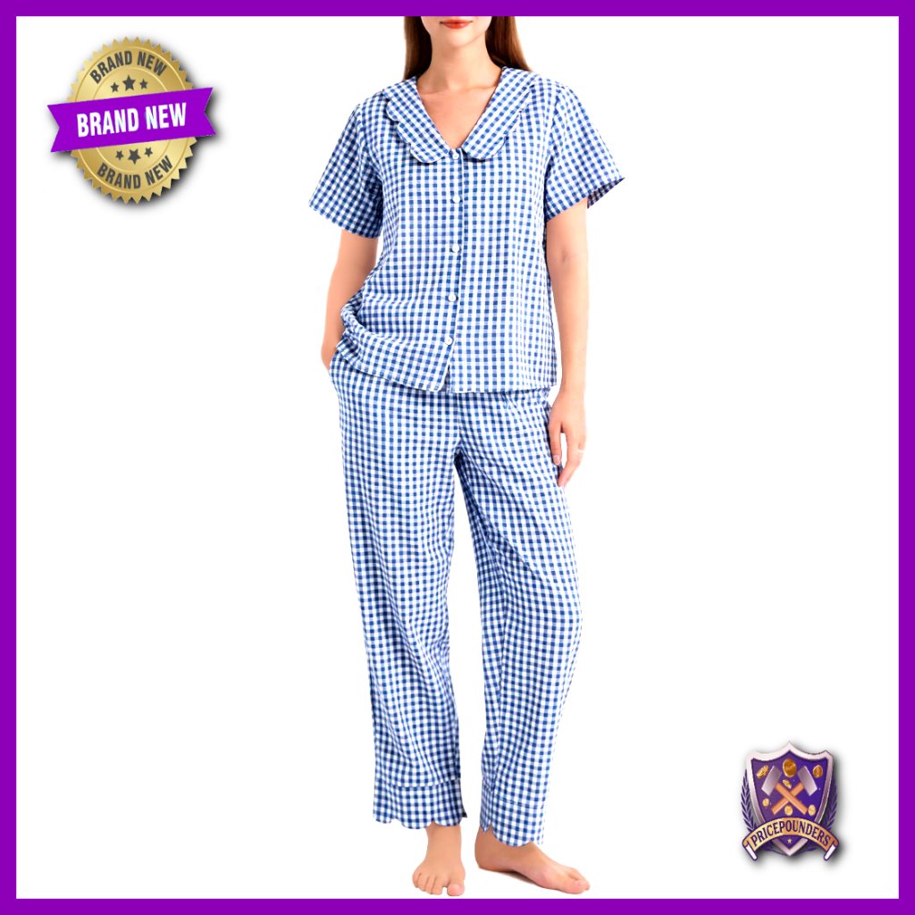 Women's Cotton Pajama Set Plaid Babydoll Sleepwear Lounge Pants Medium